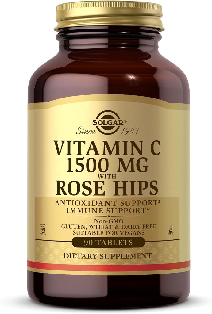 Solgar Vitamina C 1500 mg cu Rose HIPS, 90 comprimate - Antioxidant și suport imunitar - Sănătate generală - Sprijină Skin & Joints sănătoase - Non-GMO, Vegan, Gluten Free, Dairy Free, Kosher - 90 Serviri