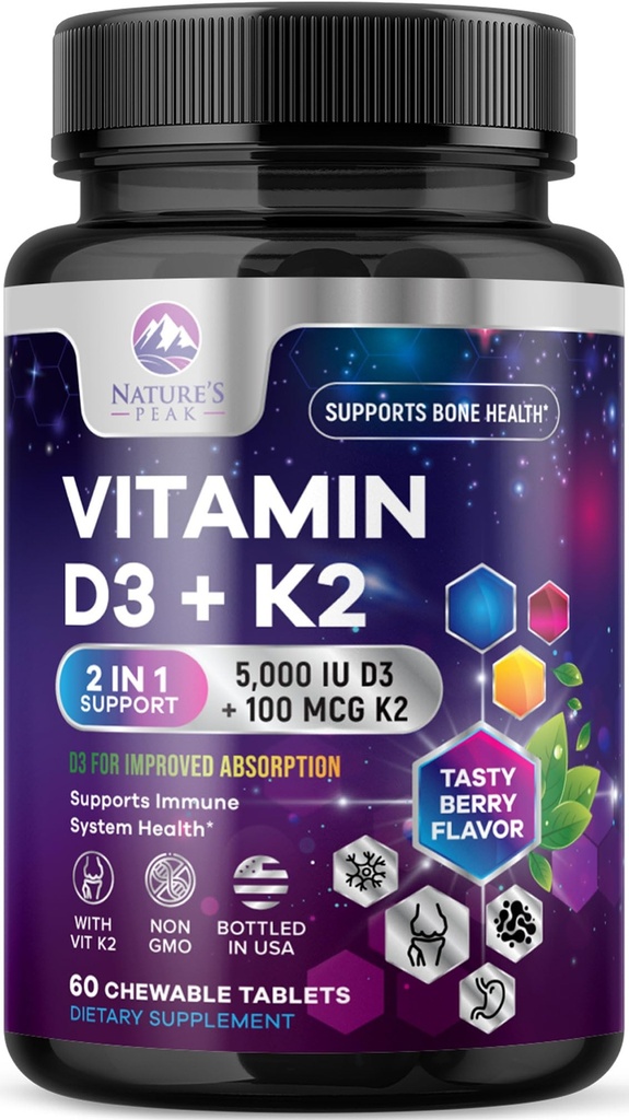 Vitamina D3 K2 - 5000 ui Vitamina D3 & 100 mcg Vitamina K2 (MK-7) Complex pentru suport imunitar - Oase, Teeth & Muscle Health Support - Berry Chewable, Gluten Free, Non-GMO, îmbuteliat în Statele Unite ale Americii - 60 comprimate