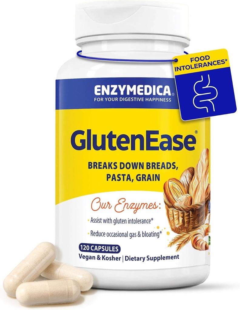 Enzymedica GlutenEase, enzime digestive avansate pentru femei şi bărbaţi, Formula de acţiune rapidă pentru ajutorare şi sănătate digestivă, ajută la distrugerea Gluten & Casein, 120 capsule FFP