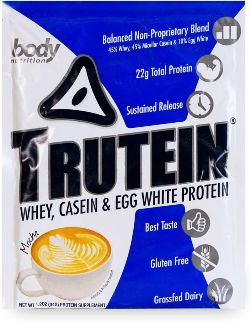 Nutriție corp Trutein pulbere de proteine ridicate: 45% Whey, 45% Cazeină, 10% Ou Alb, Gluten-Free, Sodiu scăzut, Grass Fed Whey Proteine pulbere, Gym Supliment & Breakfast Shake, Mocha, 34g Mostra