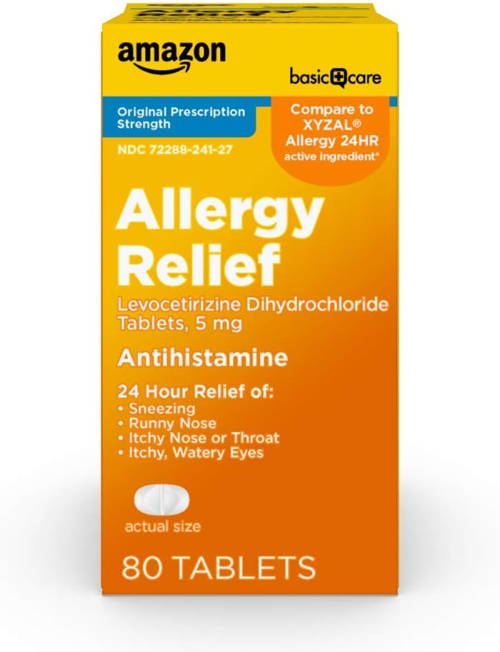 Îngrijire de bază 24 ore Alergie Relief, Levocetirizine Dihidroclorhidrat comprimate, 5 mg antihistamina pentru strănut, Runny nas, mâncărime nas sau gât şi mâncărime, Watery Eyes, 80 Conte Pack