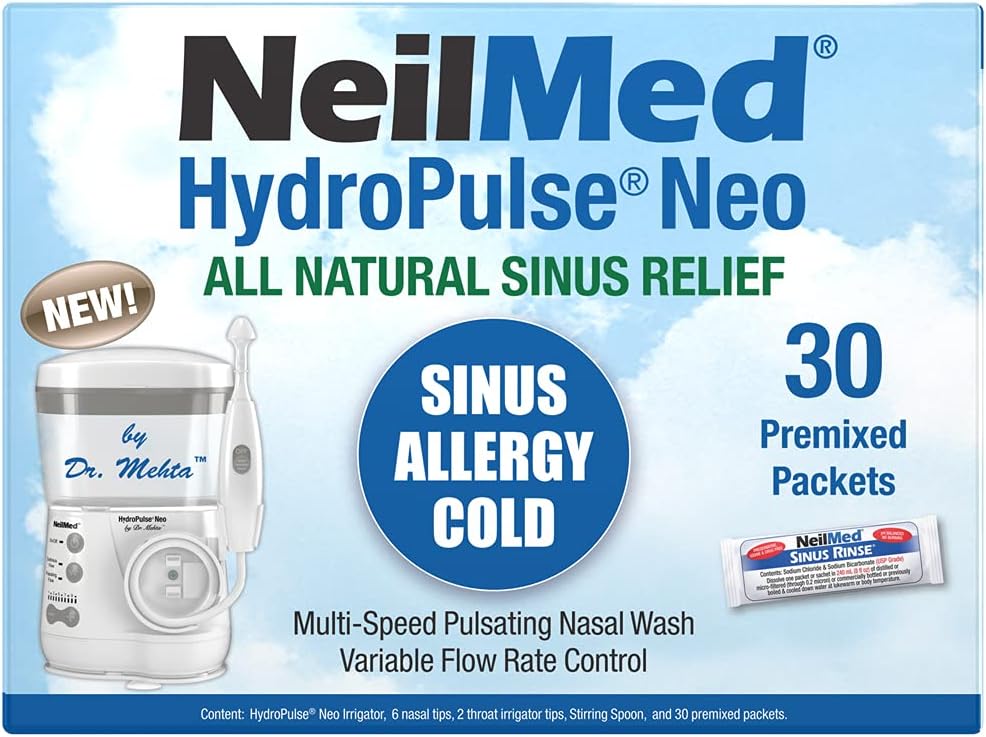 Neilmed Hydro Pulse Neo. Multi-Speed Electric pulsating Sistem de irigare sinusală nazal cu 30 de pachete premixate cu clătire sinusală.