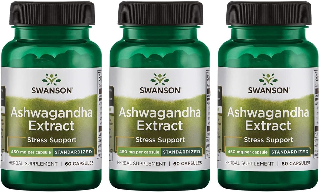 Swanson Ashwagandha Extract- Supliment natural Promovarea unui răspuns sănătos la stres, suport energetic și sistem nervos Health-Ayurvedic Supliment pentru Wellness Natural- (60 capsule, 450 mg fiecare) (3 ambalaj)