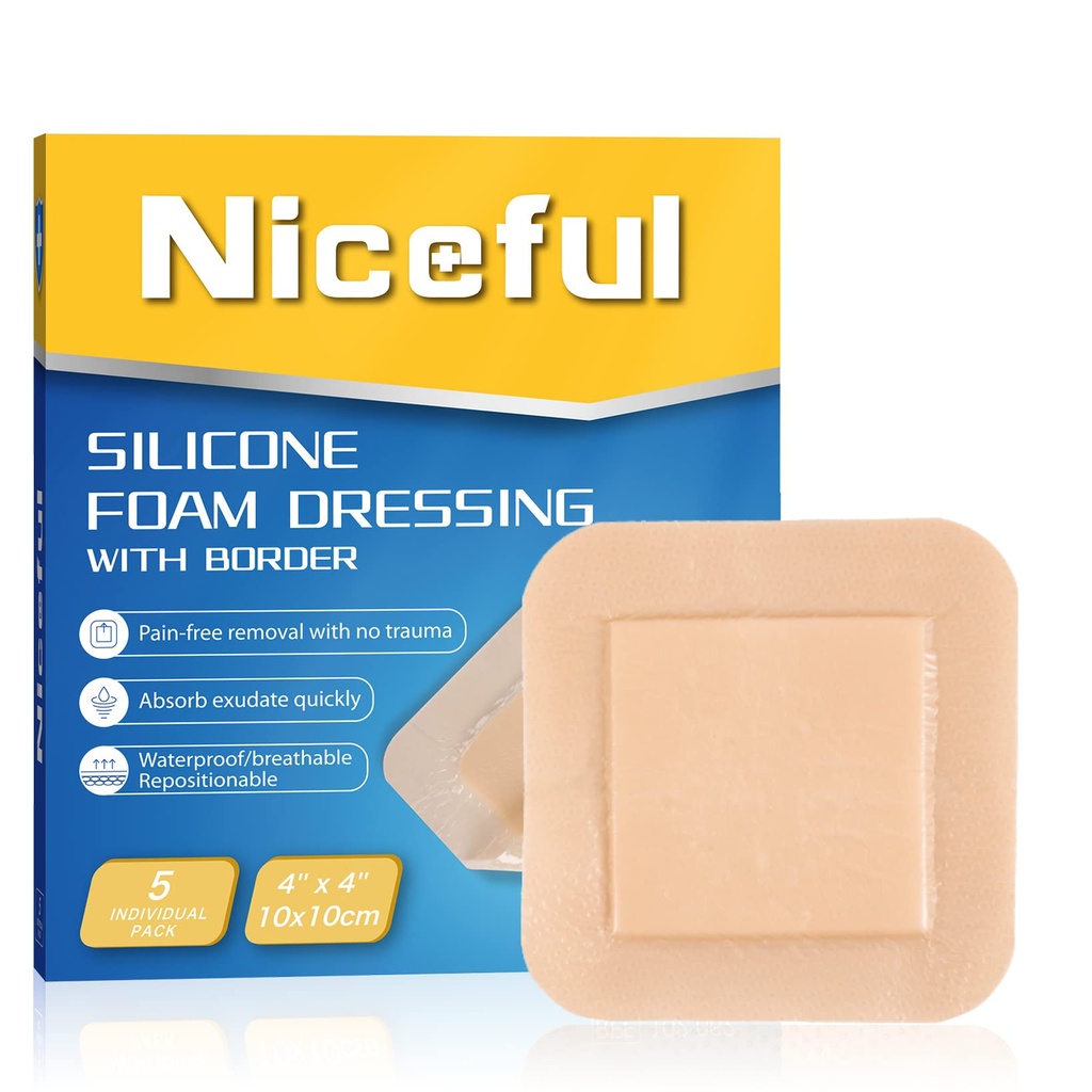 Silicon Spumă Dressing 4"x4," Bandaje de silicon impermeabile cu margine adezivă, pat de mare absorbție Sore Bandaje Wound Care dressing (2.5"X2.5" Pad), 5 pachete, FSA HSA eligibile