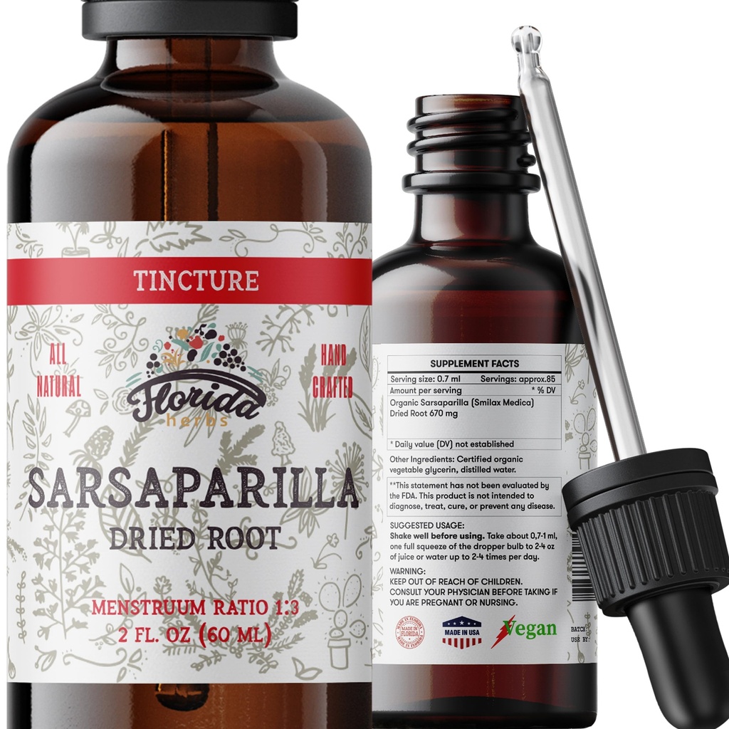 Sarsaparilla Tincture, Extract organic de Sarsaparilla (Smilax Medica) Rădăcină uscată, non-GMO în Glicerină vegetală organică presată la rece 2 oz, 670 mg