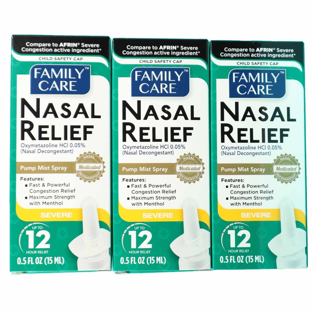 FamilyCare Nasal Relief Spray, Pump Mist, Anti-picurare, Congestie Severă, (Oximetazolină HCI) 12 ore, 3 Pack
