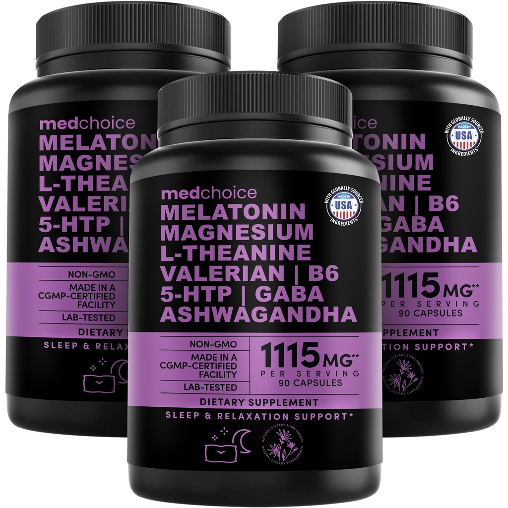 12-in-1 Melatonina capsule de somn - Ajutoare de somn naturale pentru adulți cu Melatonina 5mg și magneziu Glycinate 500mg, Sleep Aid cu Ashwagandha, L Theanin, Valerian Root, GABA, 5-HTP (90ct, Pachet de 3)