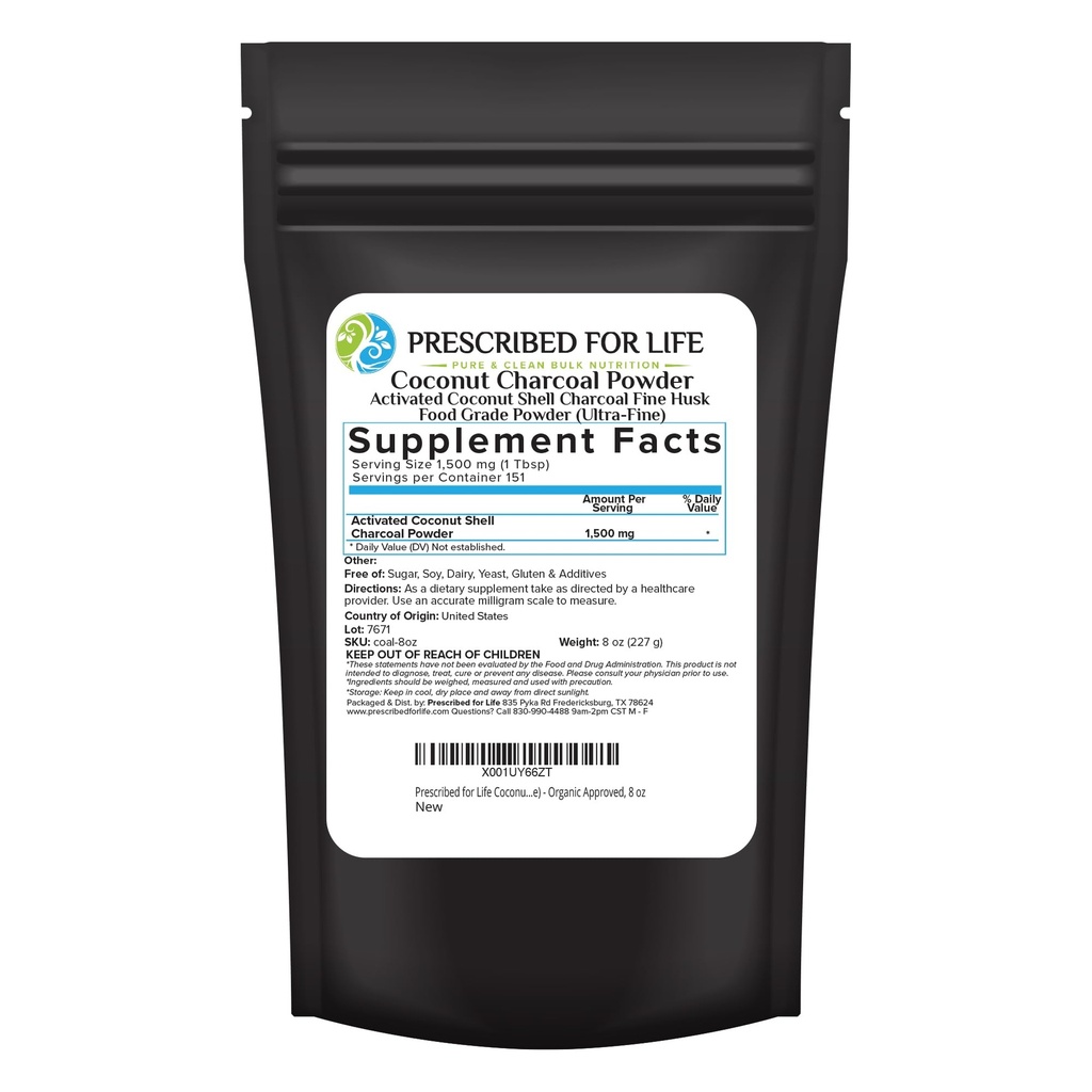Prescribed For Life Actived Charcoal Powder, Coconut Shell Charcoal Ultra Fine Husk Food Grade Powder (8 oz)