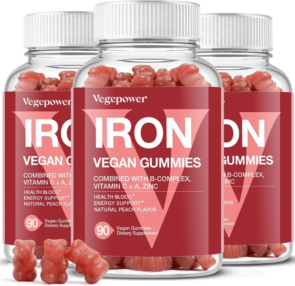 Gume de fier Suplimente pentru femei si copii - Multivitamine cu fier pentru oxigen din sange, vitamine Gummy de mare gustare cu vitamina C pentru absorbtie Max - Vegan Chembable, Peach Flavor(3 Packs)