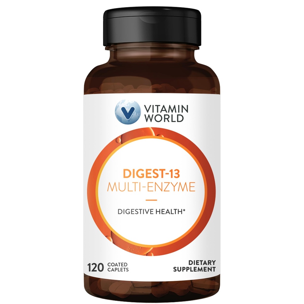 Vitamina World Digest-13 Multi-Enzime, 1010 mg Enzime digestive Amestec cu Amylase, Bromelain, Papain & Lipase pentru digestia si absorbtia, Enzime digestive pentru balonare si gaze, 120 Caplete