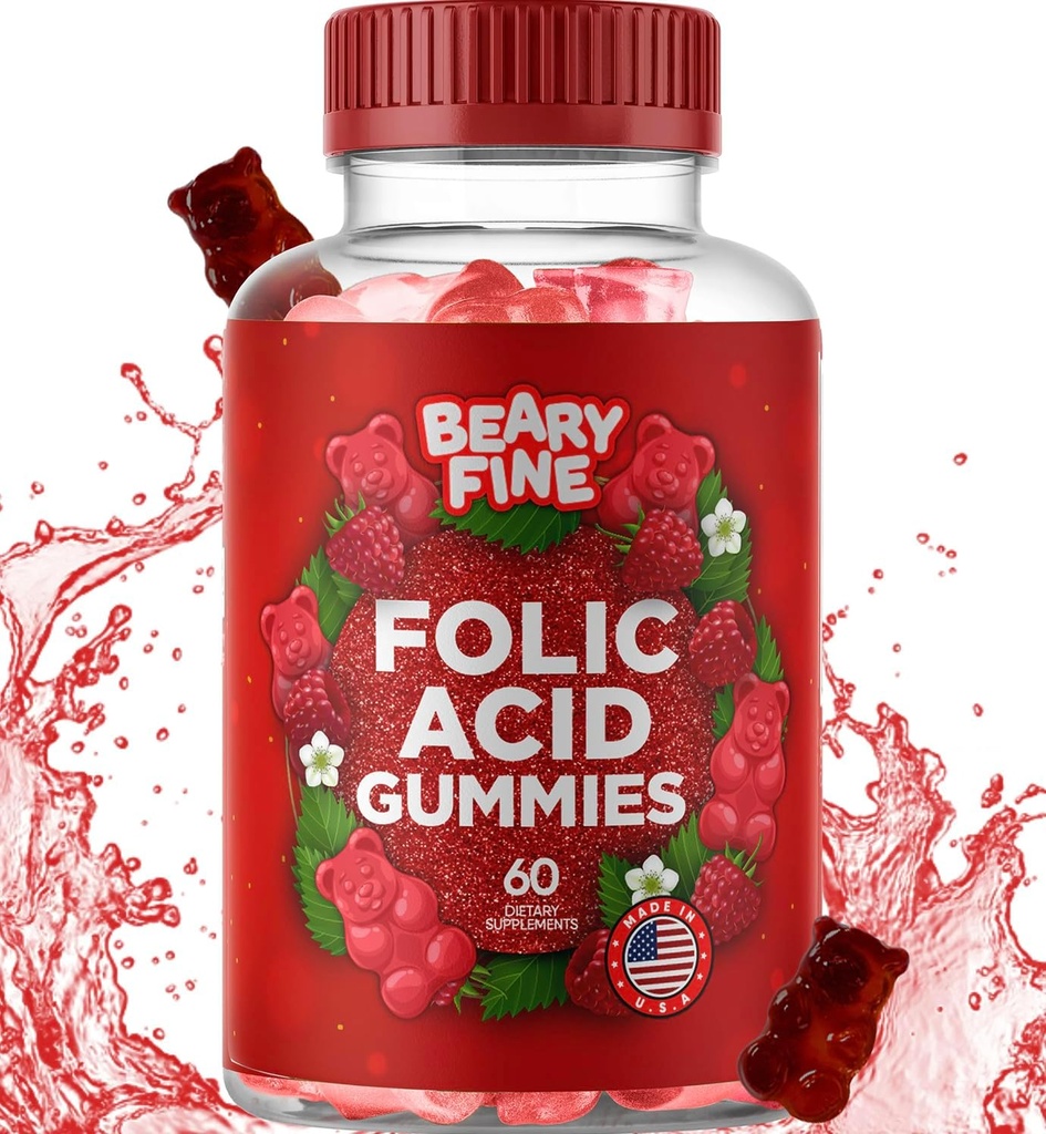 Acid folic Gummie 400mcg - Essential Prenatal & Sarcina Gummy pentru femei, Mamele și copilul să fie - 60 Zmeură aroma Folate Gummy Vitamine - Made in the USA