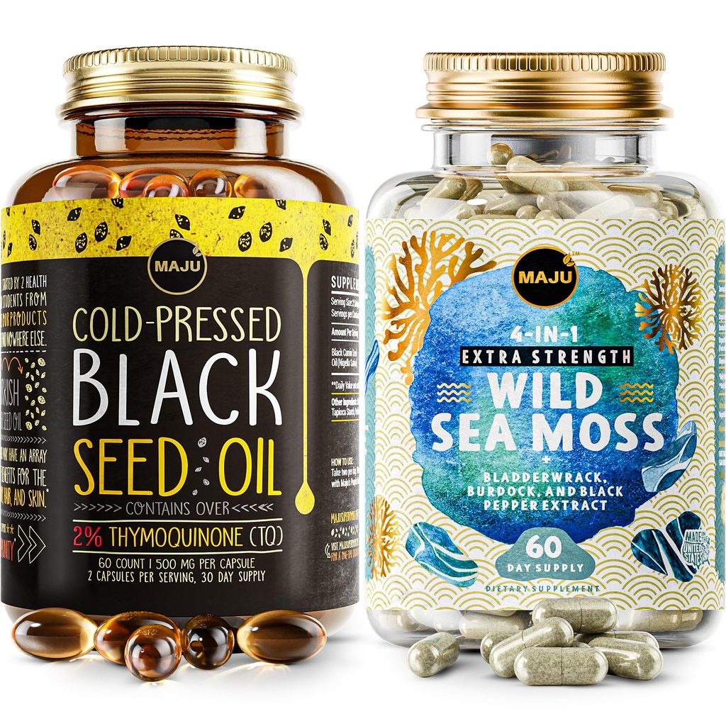 Maju Superfoods 4-in-1 Sea Moss Capsule şi Black Seed Oil Capsule Bundle