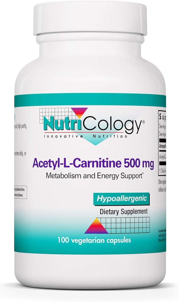 Nutricologie Acetil-L-Carnitina 500mg Supliment - Metabolizare și suport energetic, ALC, Free Form Amino Acid, Capsule vegetariene - 100 Conte