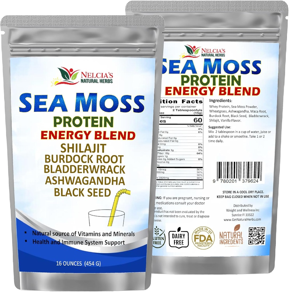NELCIA natural HERBS Sea Moss Ashwagandha Pulbere de proteine - Natural Irish Sea Moss, Bladderwrack și Brodock Root, Black Seed și Shilaj pulbere (16oz)