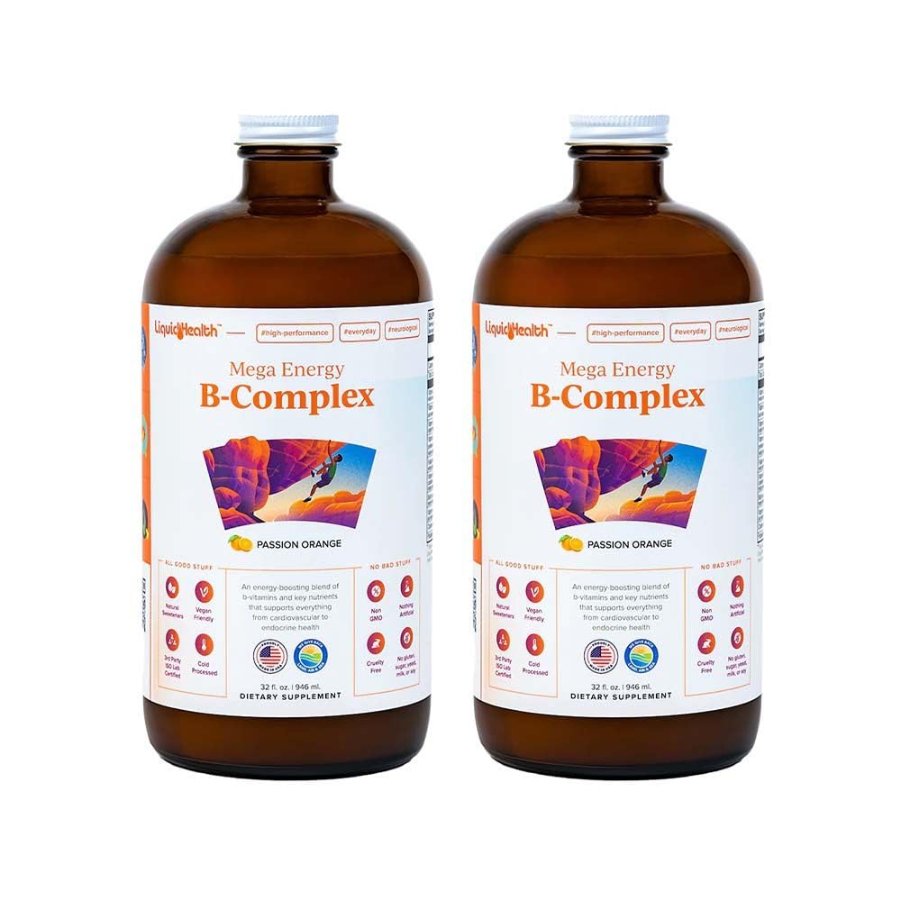 LIQUIDHEALTH Mega Energie metilat B-complex, Adult supliment de vitamina lichid - Creșterea energiei, Relieve Stres & Oboseală, Suport imunitar, Heart & Gut Health - Made in USA, Vegan, Sugar-Free (2 Pack)