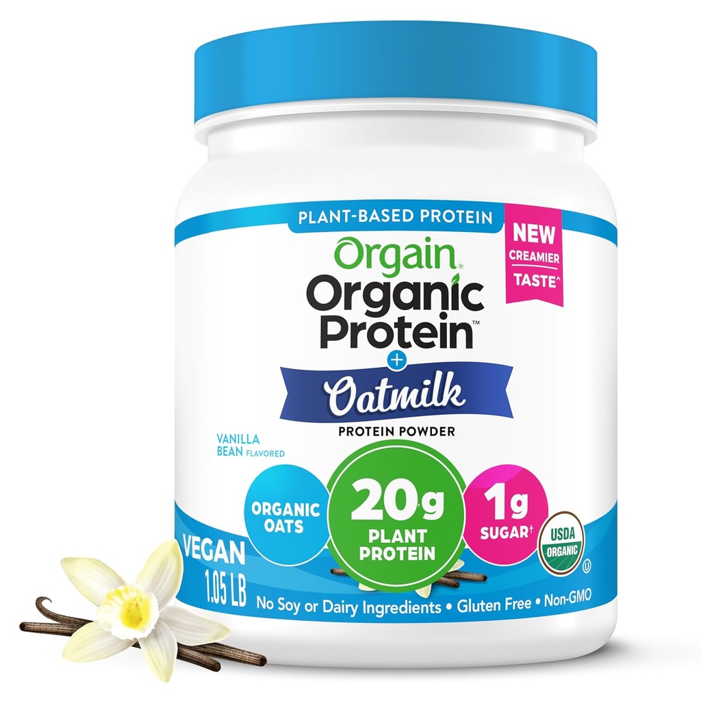 Orgain organic Vegan praf de proteine + lapte de ovăz, Vanilla Bean - 20g Proteina pe bază de plante, gluten gratuit, fără lactate, soia sau lactoză ingrediente, zahăr scăzut, non-GMO, Kosher, pentru Shakes & Smoothies - 1.05lb