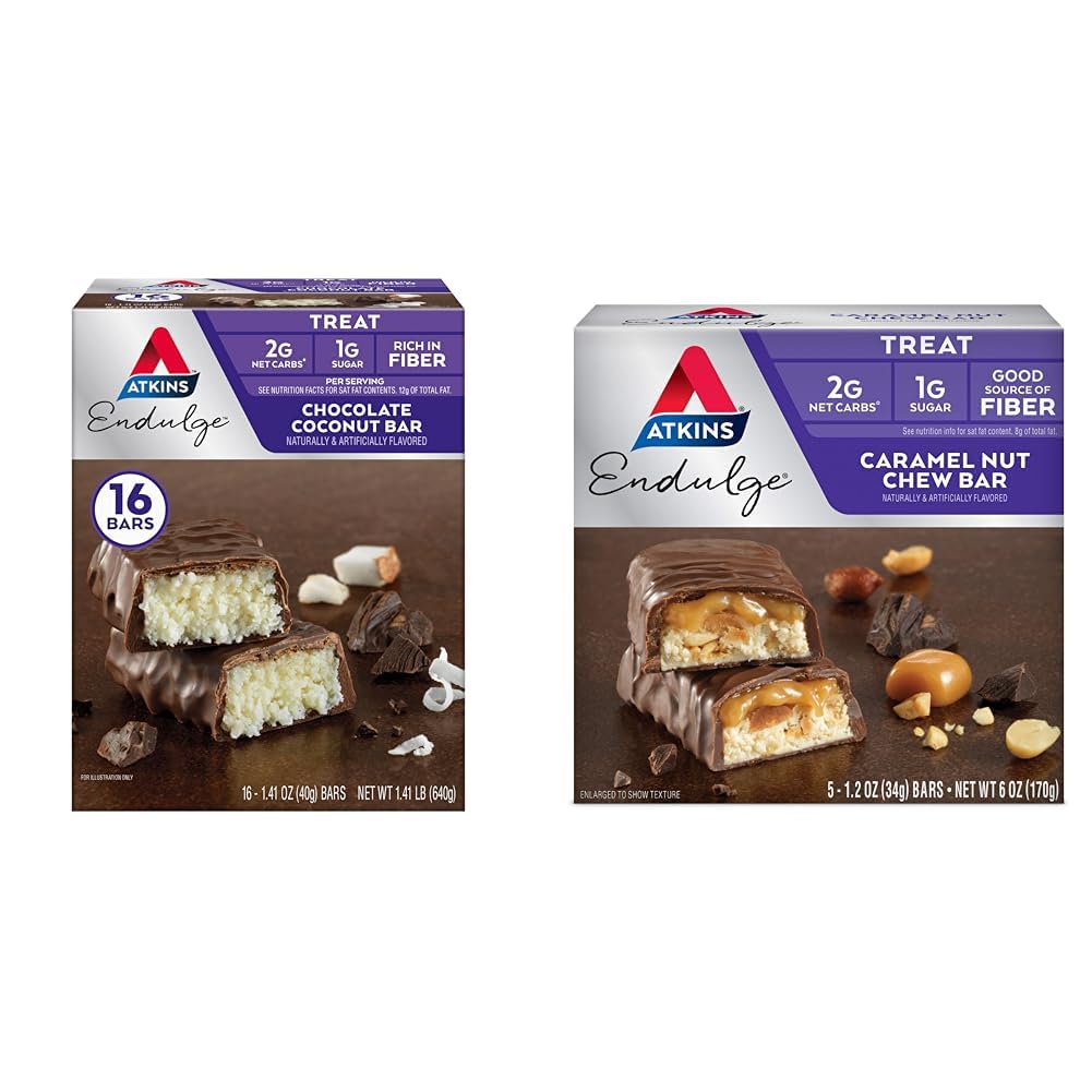 Atkins Endure Chocolate Coconut Bar 16 Count & Caramel Nut Chew Bar 5 Count Bundle