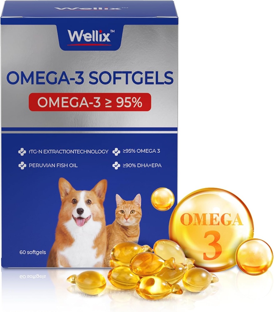 Wellix Pure Omega 3 ulei de pește pentru câini și pisici, piele și strat Supliment pentru vărsare, promovează inima, piele, haina, comun, & Immune Health, peste 95% Omega 3, bogat în EPA + DHA, 60 Softgels