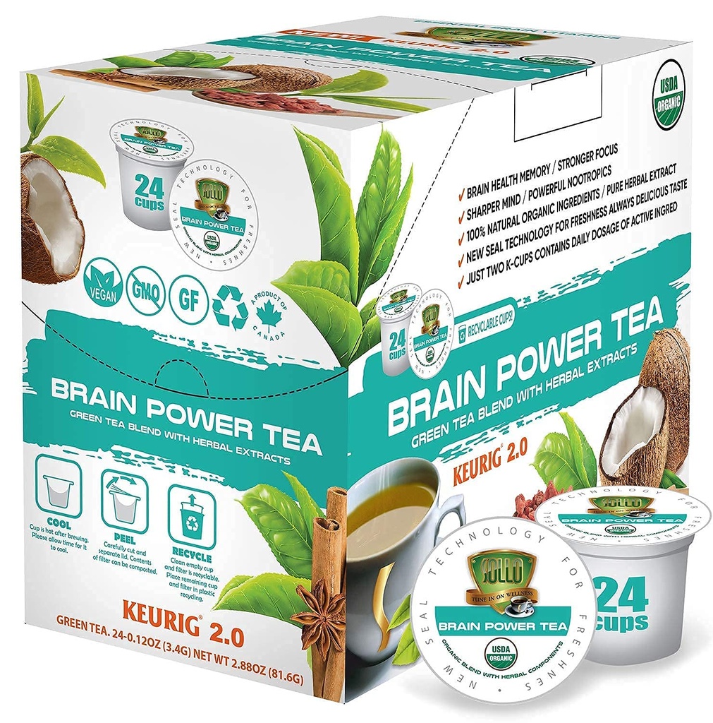 SOLLO Brain Power Green Tea Pods cu MCT, Acai & nutriție esențială, Nootropic Brain Booster- Îmbunătățește memoria și focalizarea compatibile cu 2.0 K-Cupa Keurig Brewers, 24 Ct