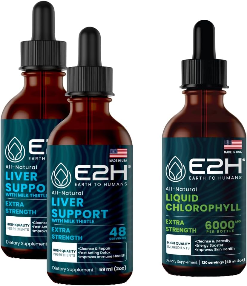 E2H: Supliment de suport hepatic (2 ambalaj - 4 Fl Oz) și picături de lichid clorofil (Single Bottle - 2 Fl Oz) 
