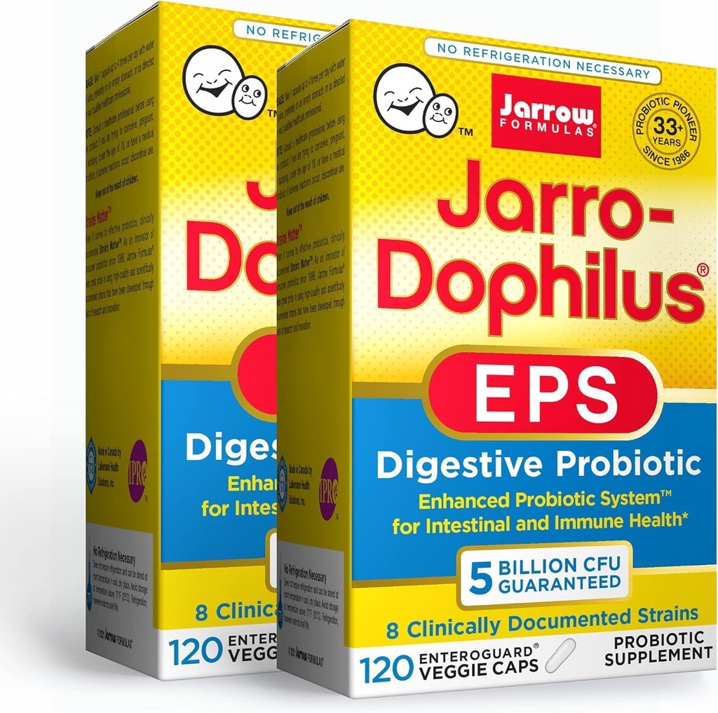 Jarrow Formulas Jarro-Dophilus EPS - 5 Miliarde Organisme Per Serving - 120 Enteric Coated Veggie Caps, Multi-Strain Probiotic - Intestinal & Immune Health, 120 Conte (Pachet de 2)