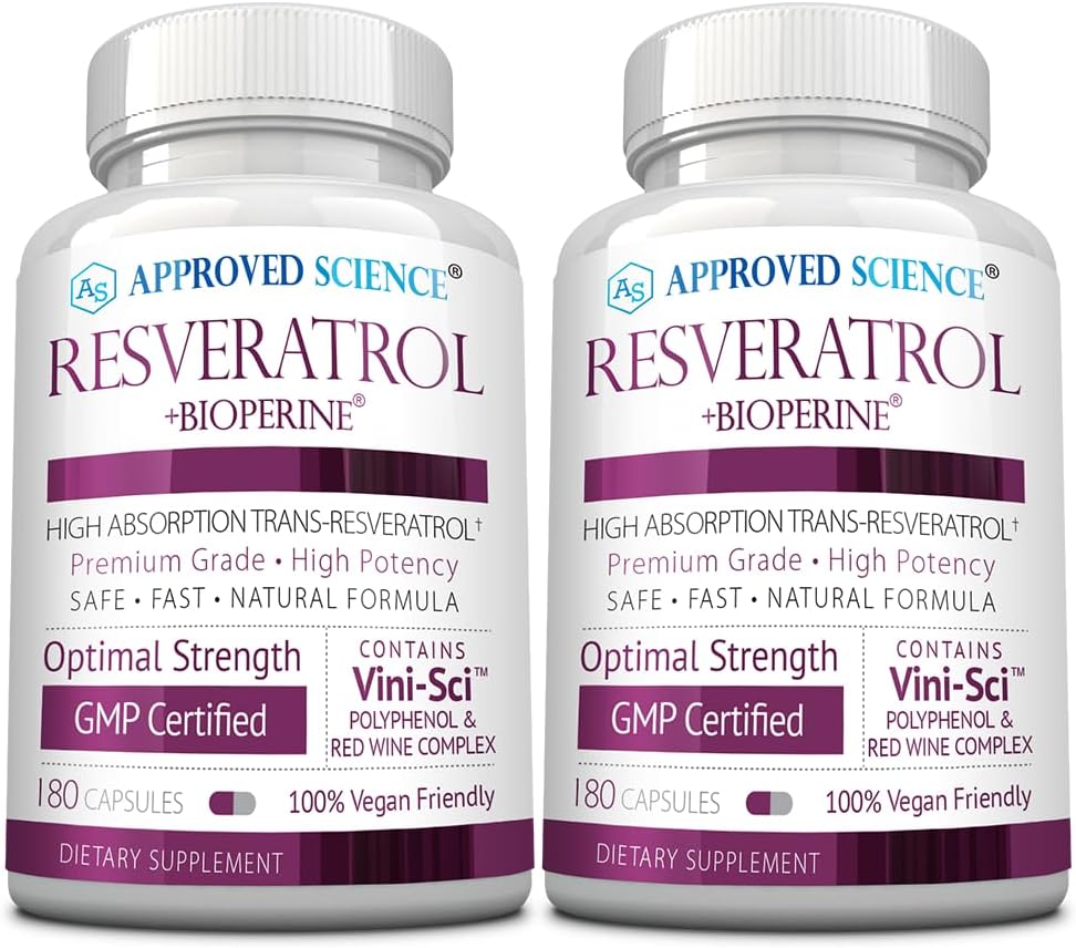 Aprobat Science® Resveratrol - 1000 mg de Trans Resveratrol - 250 mg de Polifenol - 98% Nivel de puritate - Include Bioperine® - 380 capsule Vegan prietenoase - 2 sticle