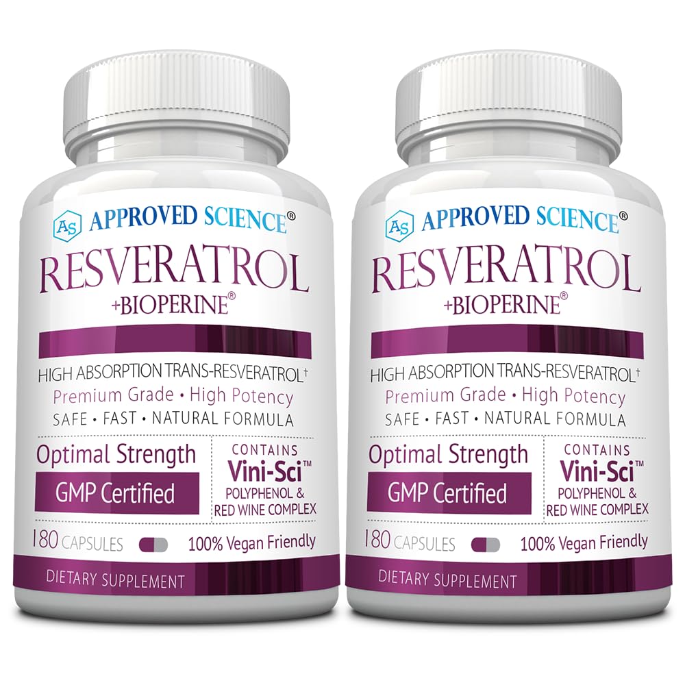 Aprobat Science® Resveratrol - 1000 mg de Trans Resveratrol - 250 mg de Polifenol - 98% Nivel de puritate - Include Bioperine® - 380 capsule Vegan prietenoase - 2 sticle