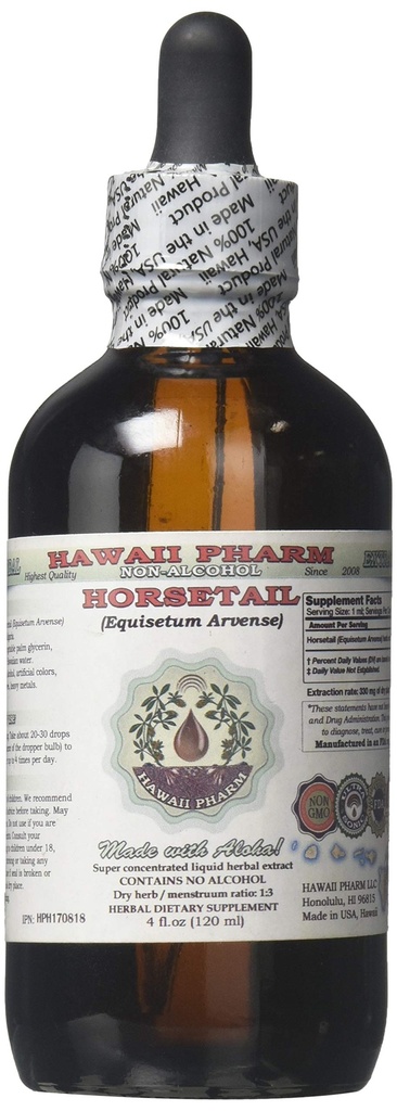 Extract lichid fără alcool cu coadă de cal organică (Equisetum arvense) Herb Glicerite Hawaii Pharm Supliment natural de plante 4 oz