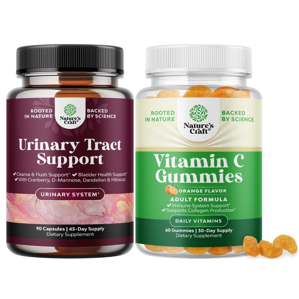 Bundle de D Manose Capsule pentru tractul urinar Sănătate pentru femei Acționează rapid Super concentrat Cranberry 90ct și Gume de vitamina C mestecabile pentru adulți - Halal Vitamina C Suport imun Gummies