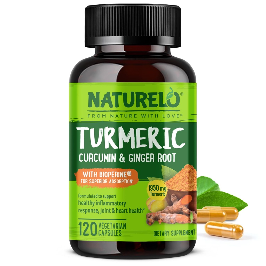 NaturaLO Curcumina turmerica - BioPerine pentru o mai buna absorbtie - Pepper negru, Root ghimbir, Curcuminoide - Suport comun pe bază de plante Discomfort - 120 capsule Vegan