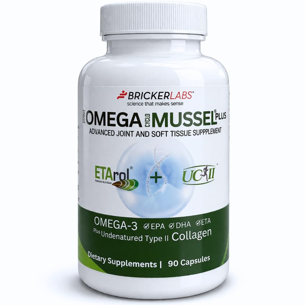 Bricker Labs Omega Cyclo - Mussel Plus UC-II, Premium NZ Green Lipped Mussel Plus UC-II Nedenaturat tip II Colagen, Ultimate Supliment comun pentru sănătate comună și confort, 90 capsule