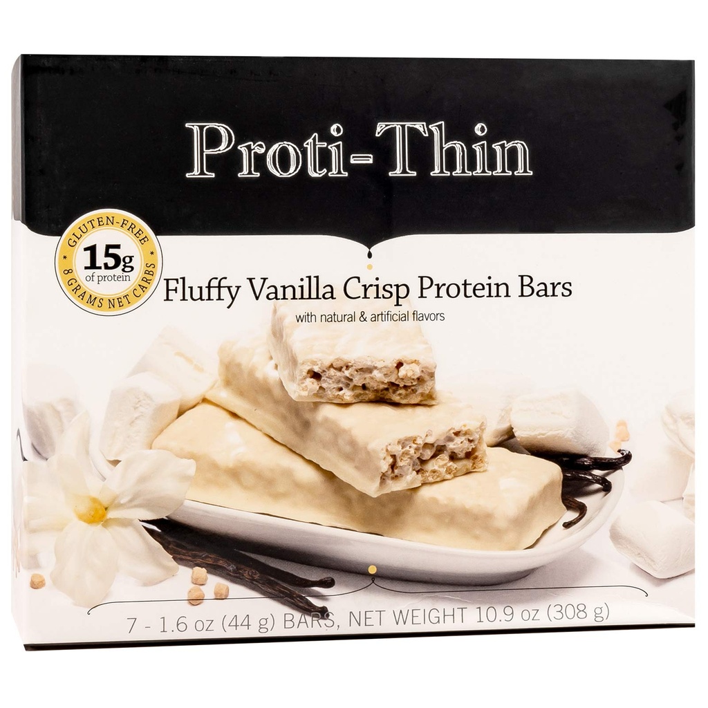 Proti-Thin Fluffy Vanilla Crisp Proteine Baruri, 15g Proteina, Calorie scăzut, Carb foarte scăzut (VLC), Slab Fat, High Fiber Snack Bar, KETO Diet Friendly, Ideal Proteina Compatibil, Nu Gluten Ingrediente, 7 /Box