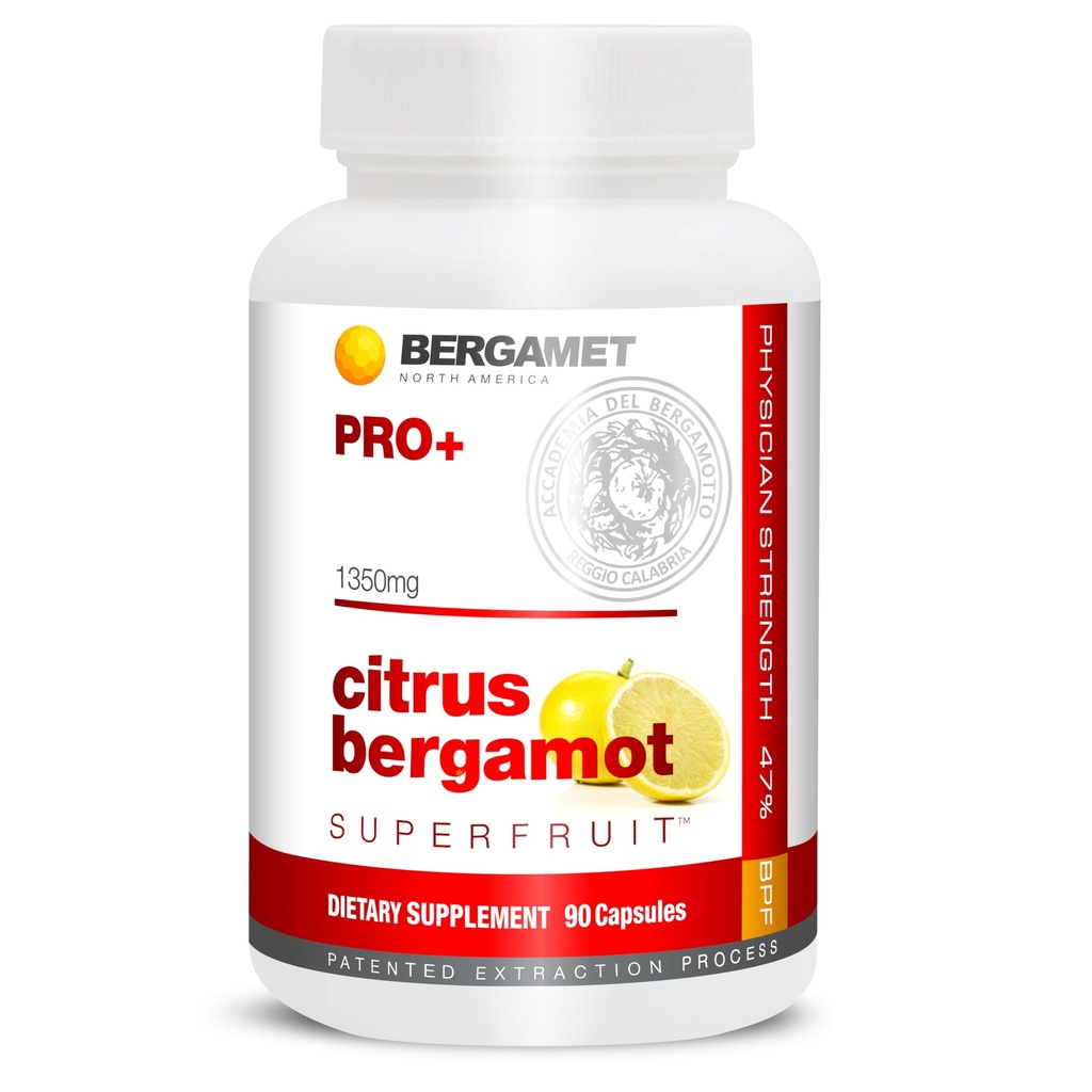 BergaMet Citrus Bergamot SuperFrut PRO+ Supliment, 200:1 Extract, 1350 mg, 80% Polifenoli, extract de frunze de măsline, 47% BPF, World's Strongest, 90 capsule, susținut de studii clinice, Made in the USA