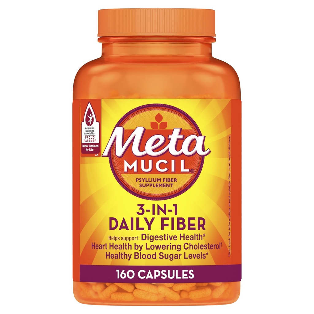 Metamucil, Psyllium Husk Capsules, 160 capsule, 3-in-1 Fibră Supliment, Zilnic Psyllium Husk Fiber Capsulele ajuta la sustinerea sanatatii digestive prin promovarea regularitatii*, ajuta Suplimentul Daily Fiber