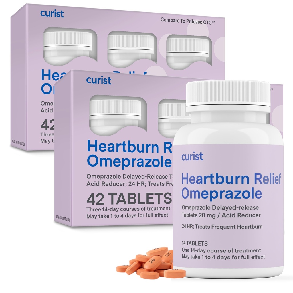 Curist Omeprazole 20 mg comprimate Pachet cu vrac - 84Numar comprimate cu eliberare întârziată - Acid Reflux medicament pentru ameliorarea arsurilor la stomac (2 ambalaj de 42 comprimate - 84 Total)