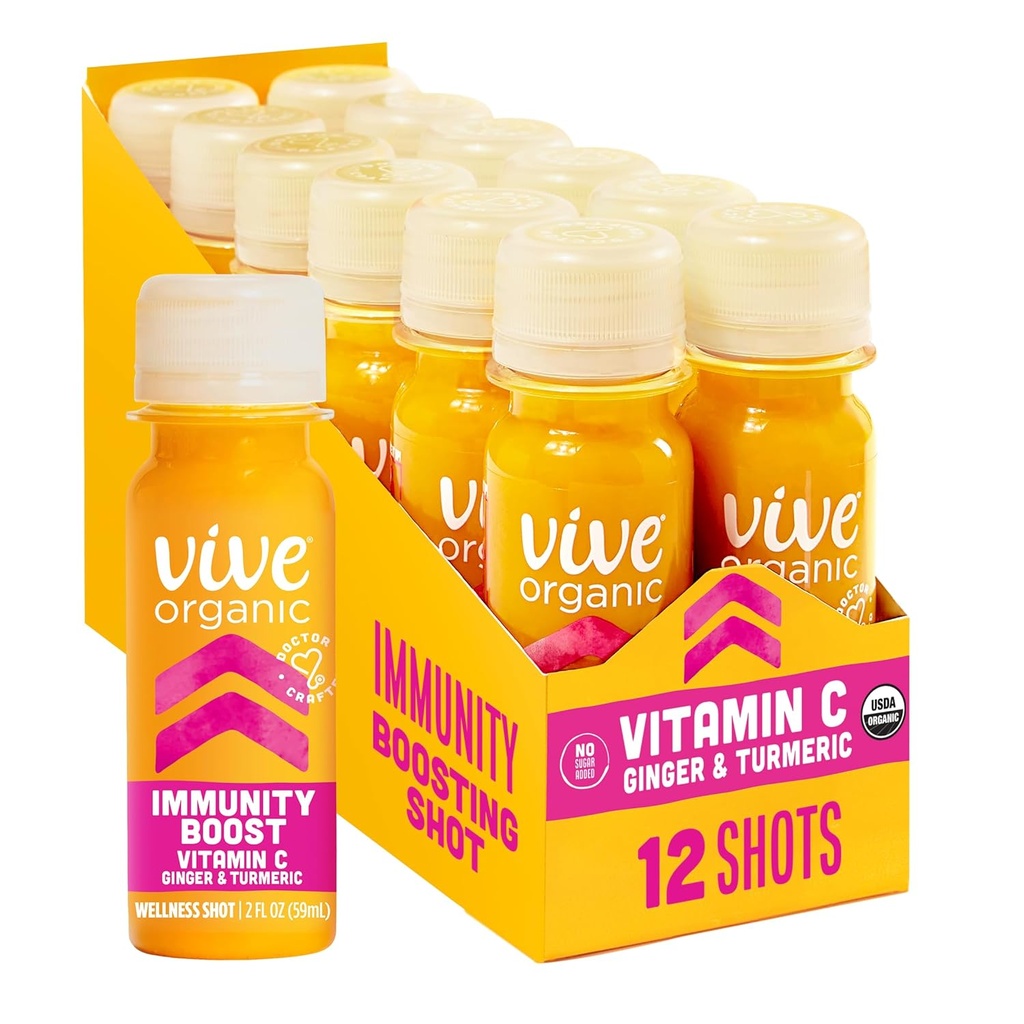 Vive Organic Vitamina C + Immune Support Shot, Rece-Pressed Turmeric, Ginger & Acerola Cherry, Gluten Free, Vegan, Imunity Boost Vitamina C, 2 Fl Oz (Pachet de 12)