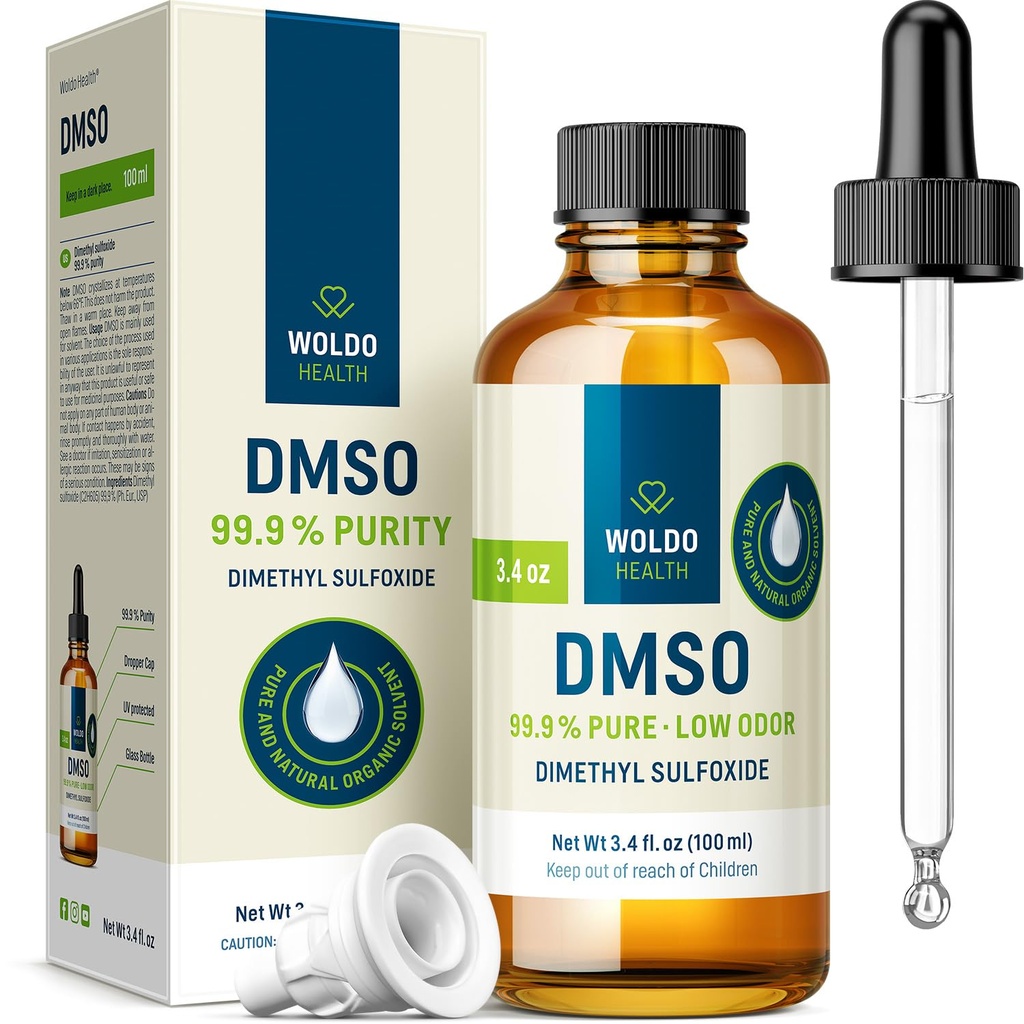 WoldoHealth DMSO 99,9% Grad farmaceutic - FT-IR Sulfoxid de dimetil verificat, solvent de Odor scăzut în sticlă cu picurător de precizie (3,38 oz)