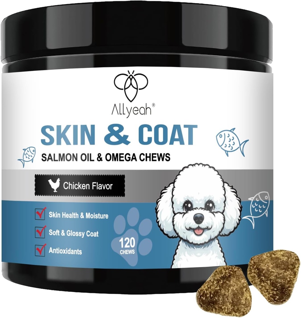 Omega 3 ulei de pește pentru câini, Somon ulei de piele și supliment de haina pentru câini Alergia câine ajutor, uscat și mâncărime tratament de relief piele, alergie Chews - câini anti jeleuri tratează - Haine lucioase - EPA & DHA