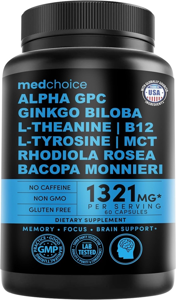 12-in-1 Nootrop Ginkgo Biloba pentru suport cerebral, memorie și concentrare - B12, Alpha GPC, L Theanin și suplimente coline cu Bioperine Non Cafeinated 1321mg (60ct)