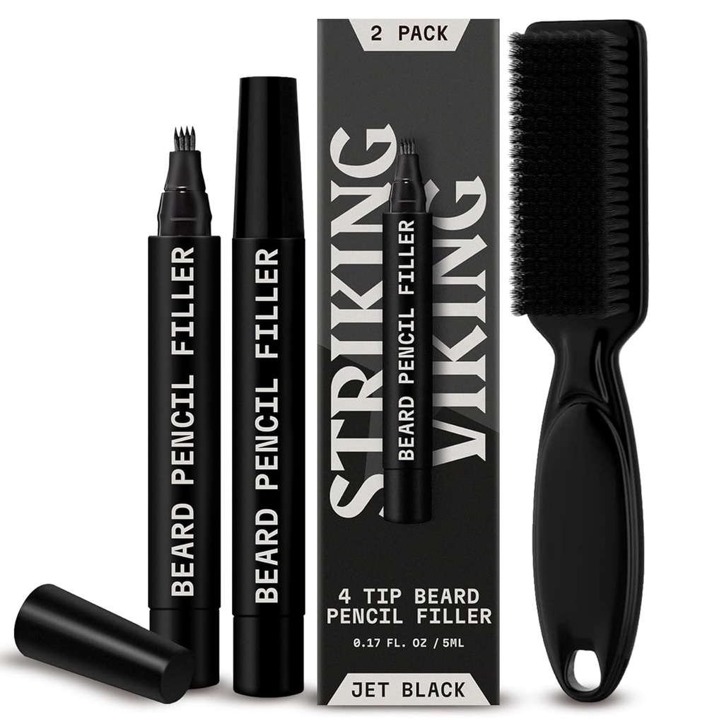 Filler viking cu barbă pentru bărbați - pachet de 2, Jet Black - Pen cu barbă rezistentă la apă - 4 ponturi pentru reparații Gap & Barber Pen - Periuță moale & Pen Filler