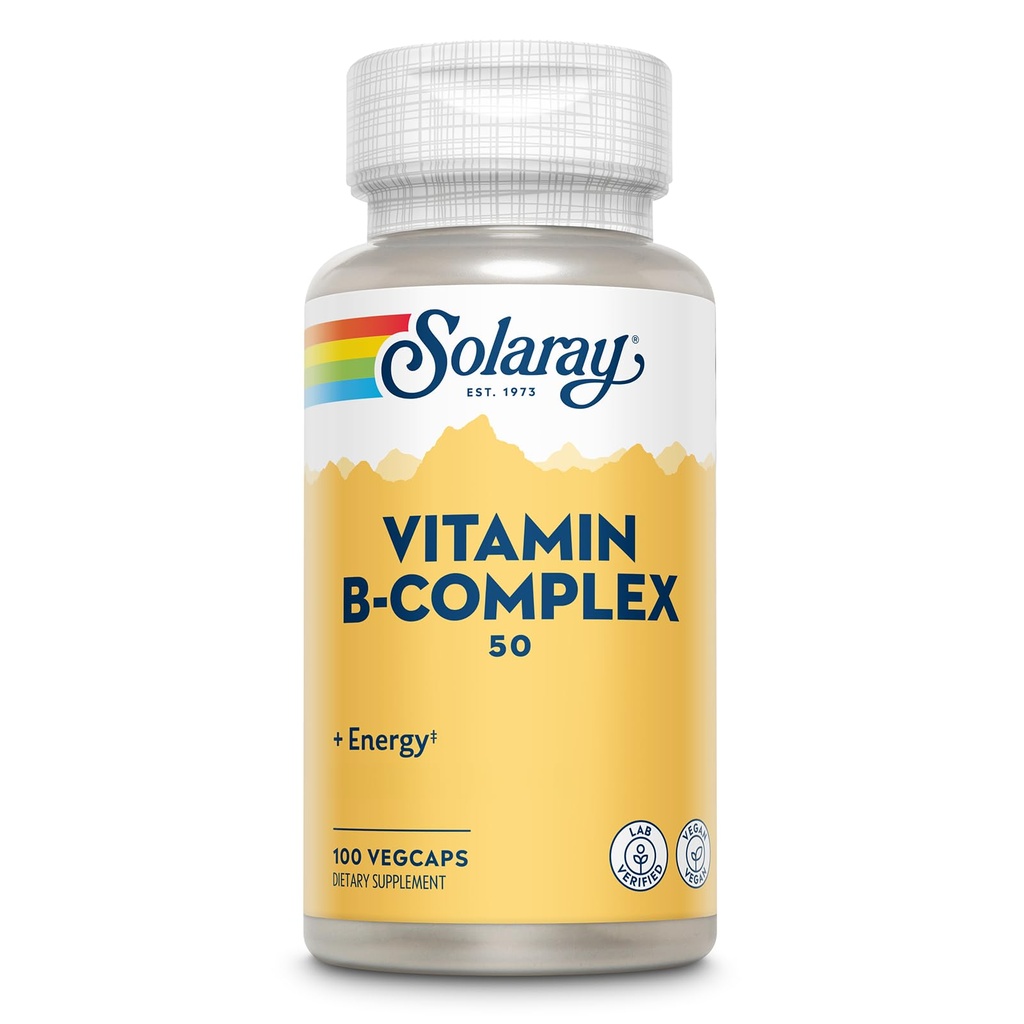 SOLARAY Vitamina B Complex 50 mg - Energizante celulare Vitamine - Metabolizare și Nervi de asistență medicală cu vitamina B12, vitamina B1, B6, Niacina, Acid folic, Biotina și alte vitamine B - Vegan, 100 VegCaps