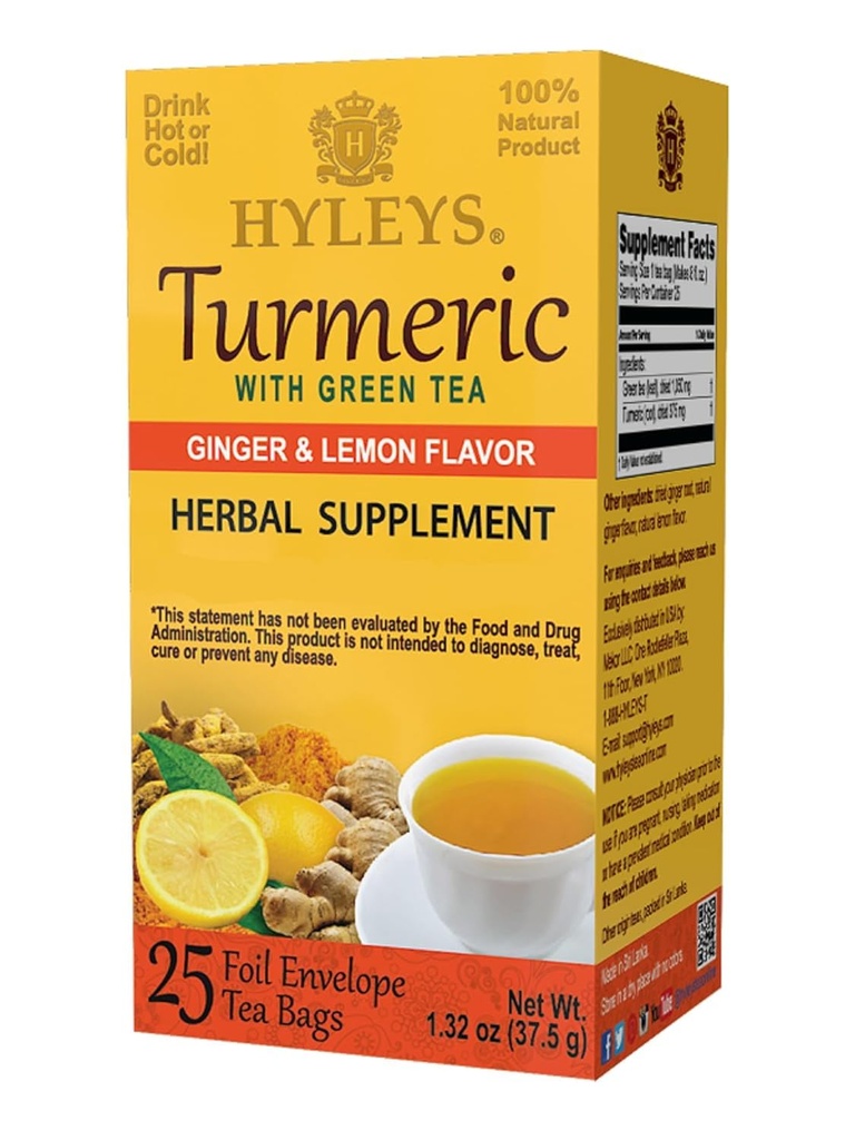 Hyleys Ginger Turmeric Ceai Lemon Flavor - 25 Ceai Bags (6 Pack - 150 Ceai Bags Total) - Wellness Herbal Supplement Ceai Verde
