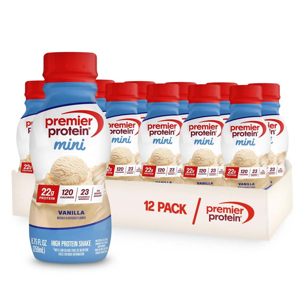 Premier Proteine Shake MINI, Vanilie, 22g Proteine, 120 Calorii, 1g Zahăr, 8.75fl oz, Pachet de 12