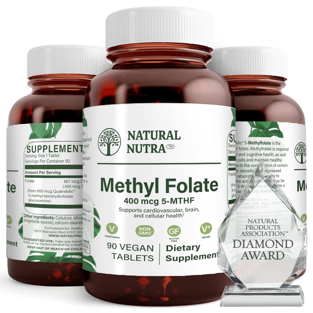 Natural Nutra Active de metil Folate Supliment cu Quatre folic, Suport inima si sanatatea corpului, Ajuta la sanatatea creierului, Imbunatatirea vibratii pozitive, Ajuta la reducerea os-tired, B9, 90 Vegan tablete (Pachet de 2)