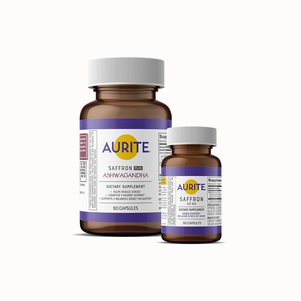 Saffron Ashwagandha & Saffron Supplement Bundle. Managementul stresului, suport de dispoziţie, memorie pe termen lung, Vegetarian Friendly, Non-GMO, Gluten-Free, Soy-Free