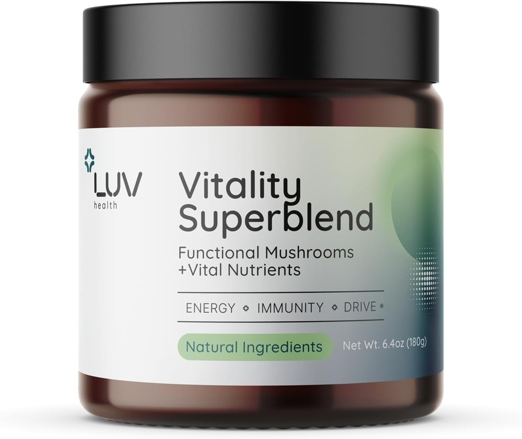 LUV sănătate Vitality Superblend: supliment de ciuperci - Superfood pulbere cu Cacao, Lions Mane, Cordyceps, Reishi, Ceai verde, și Turmeric 