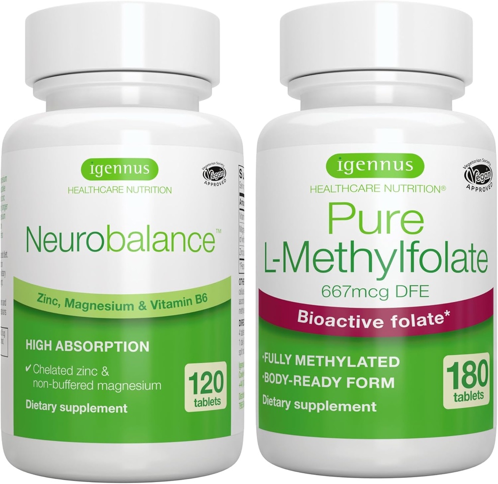 Neuroechilibrul zincului, magneziul şi vitamina B6 + Folatul pur 400mcg Vegan Bundle, Picolinatul de zinc, 24 mg, Magneziu fără oxid şi vitamina B6 + L-metilfolat optimizat, de Igennus