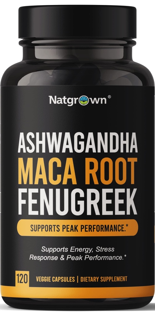 Natgrown Ashwagandha Maca Root Schinduf Extract capsule Supliment pentru bărbați și femei - pastile Vegan - (120 Conte)