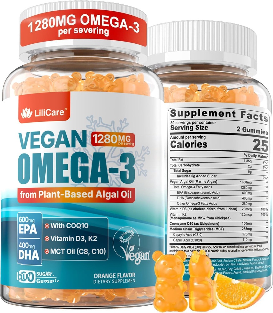 Omega-3 gume 1280mg + COQ10 + vitamina D3 K2 (MK7), Omega 3 ulei de pește Alternative pentru adulți w/EPA 600mg DHA 400mg & MCT Ulei, fără gust de pește din alge marine, pentru creier, ochi, imunitate, 1 pachet