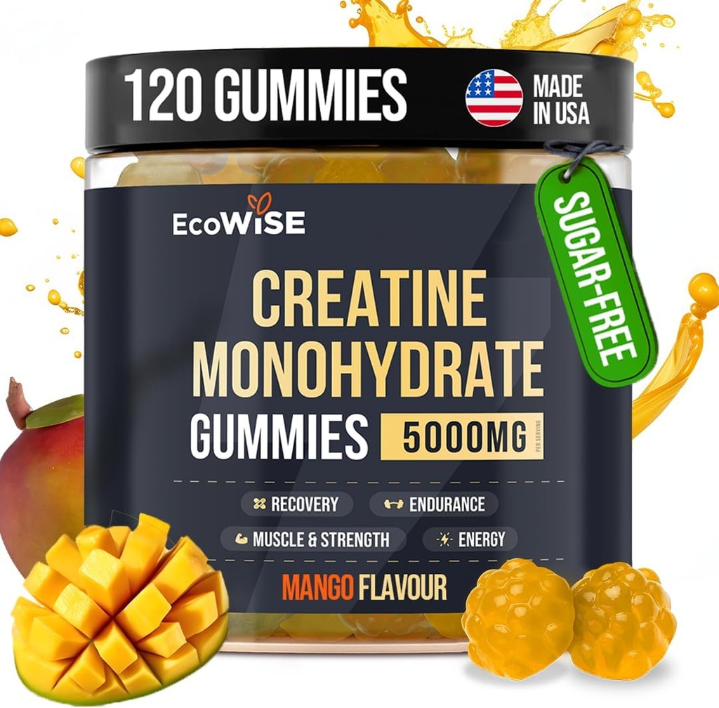 EcoWise Wellness Create Monohidrat Gume 5000 mg, Mango Flavor, 120 Sugar-Free Vegan Chews, Creatine Supliment pentru Daily Routine
